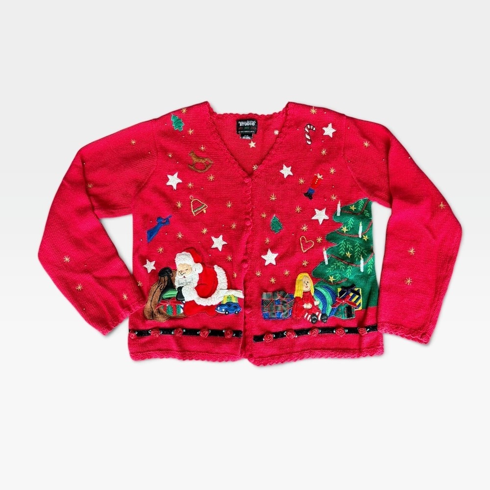 Vintage Heirloom Studio Christmas Cardigan Santa Embroidered Red PM